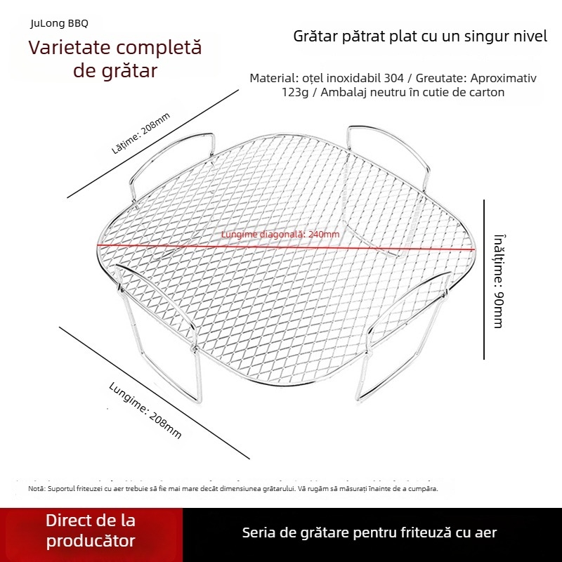 Grătar din oțel inoxidabil 304, pătrat, cu patru picioare, pentru friteza cu aer și cuptor, cu plasă de drenare a uleiului