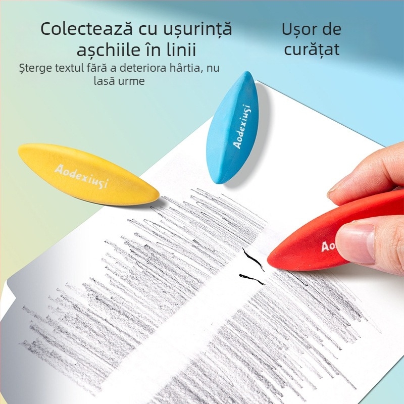 Radieră creativă fără reziduuri, ultra-curată pentru elevi, în formă triunghi-diamant, formează fâșii la frecare, colectează resturi, nu lasă urme