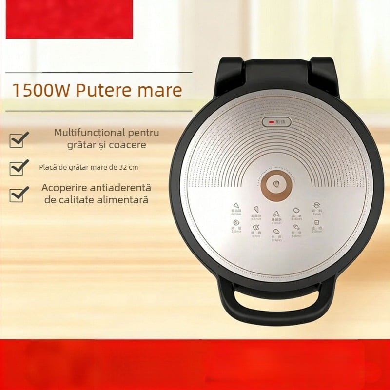 Tigaie electrică rotundă pentru coacere, diametru 26–28 cm, încălzire pe ambele fețe, design suspendat, pentru 2–3 persoane