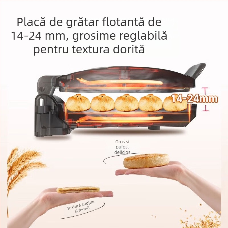 Tigaie electrică rotundă pentru coacere, diametru 26–28 cm, încălzire pe ambele fețe, design suspendat, pentru 2–3 persoane