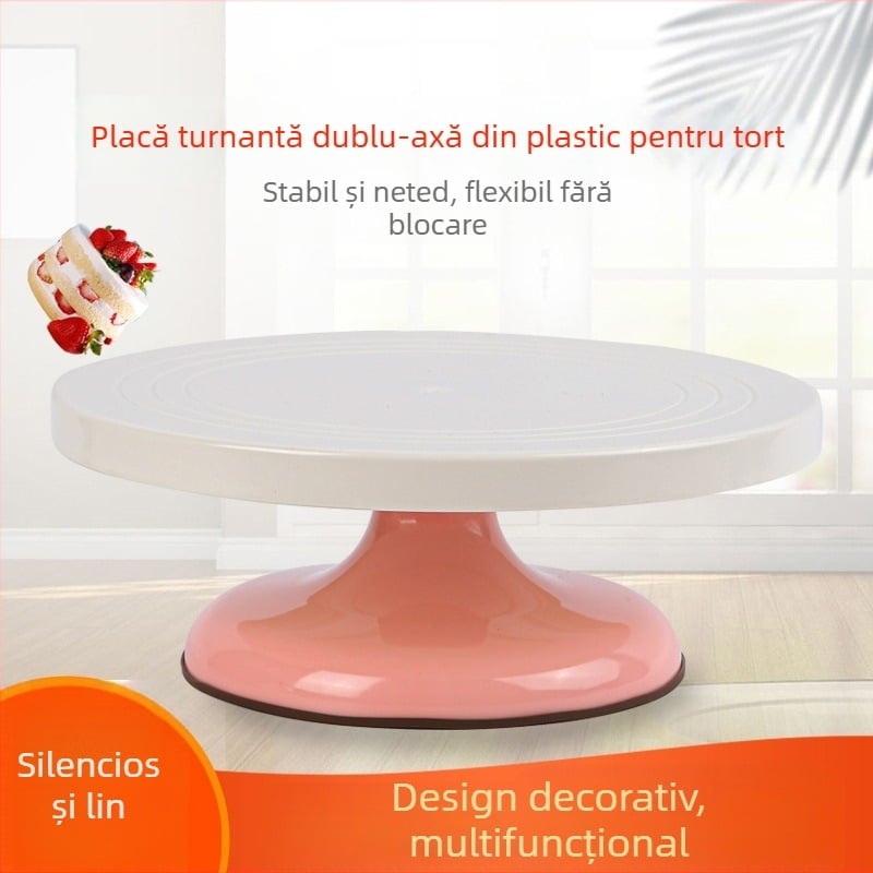 Tavă rotativă din plastic pentru tort, suport de decorare, ușoară și stabilă, roz