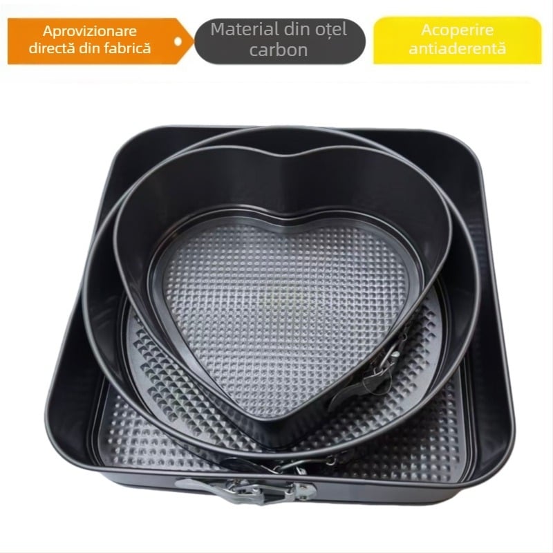 Set de 3 forme pentru prăjituri din oțel carbon, cu bază detașabilă – inimă, rotundă și pătrată.