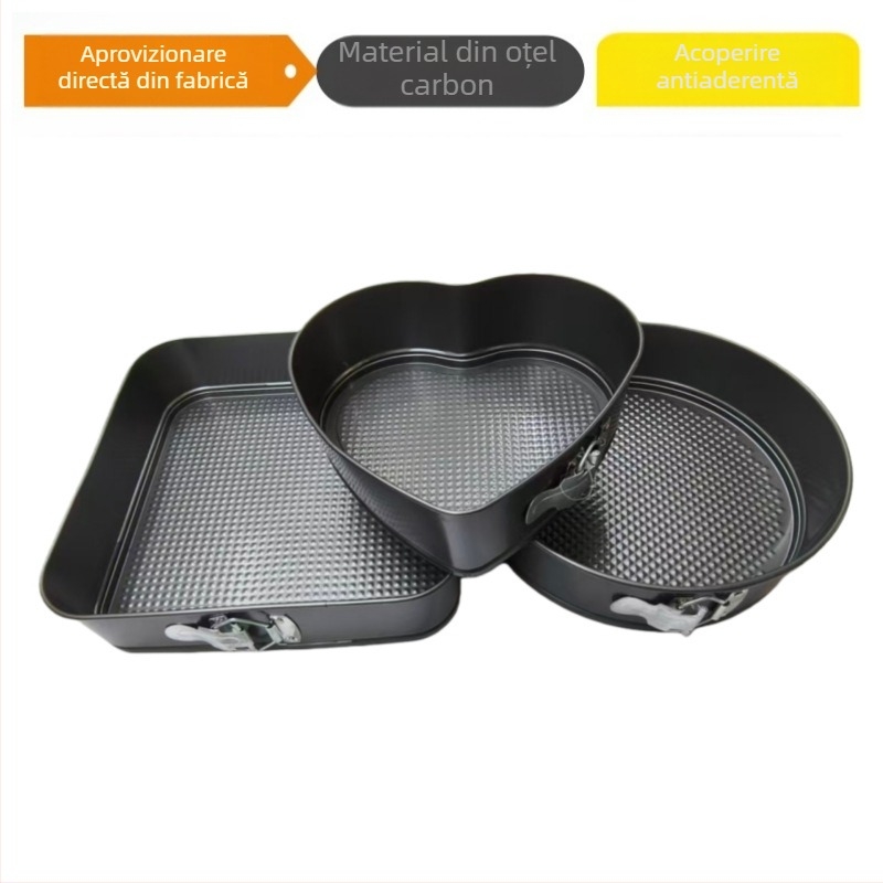 Set de 3 forme pentru prăjituri din oțel carbon, cu bază detașabilă – inimă, rotundă și pătrată.