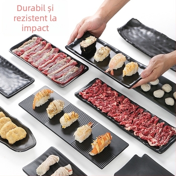 Farfurie de servire dreptunghiulară din melamină, neagră, lungă, pentru garnituri și preparate de hot pot