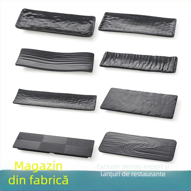 Farfurie de servire dreptunghiulară din melamină, neagră, lungă, pentru garnituri și preparate de hot pot