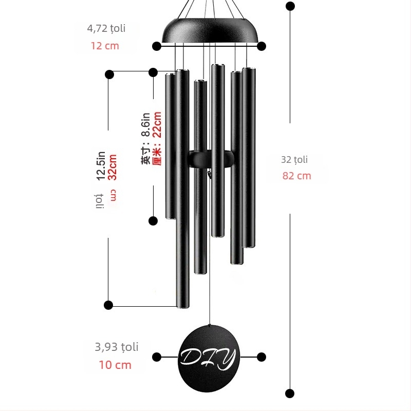 Clopoțel metalic de vânt, 45 inch, decor pentru casă, negru, memorial muzical