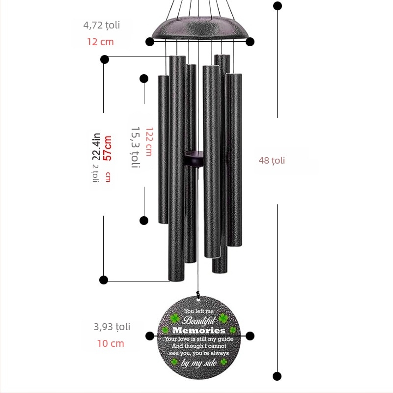 Clopoțel metalic de vânt, 45 inch, decor pentru casă, negru, memorial muzical
