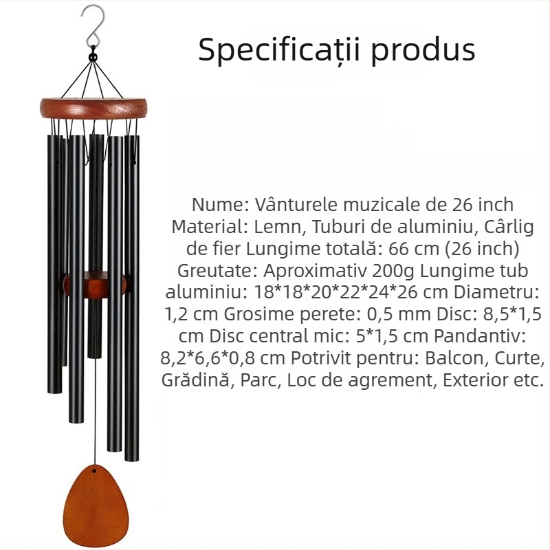 Clopoțel metalic de vânt, 45 inch, decor pentru casă, negru, memorial muzical