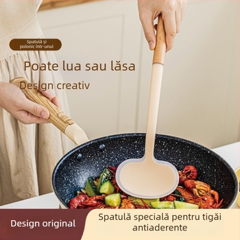 Spatulă din silicon cu formă de ciupercă, mâner lung din lemn, antiaderent, sigură pentru alimente, rezistentă la temperaturi înalte