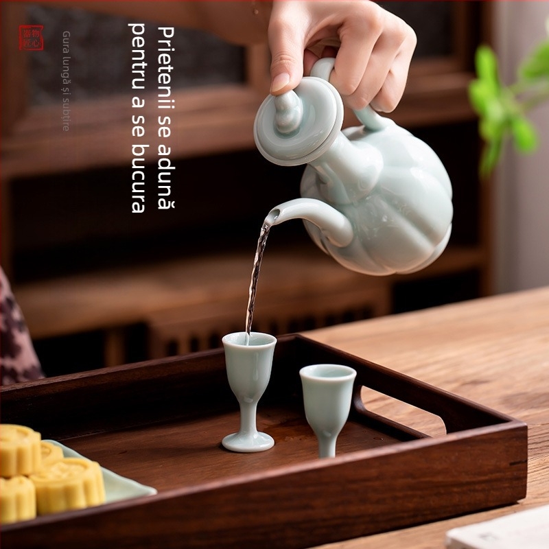 Set de ceai ceramic în stilul Dinastiei Song, imitație, ceainic mic cu mâner și accesorii pentru ceai, glazură albastru cer