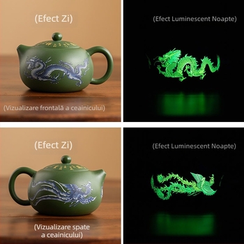 Ceainic din lut purpuriu, lucrat manual de un maestru al patrimoniului imaterial, luciu luminescent în întuneric, dragon și phoenix, stil Kowloon Xianrui Hanwa Xishi, din lut purpuriu Yixing