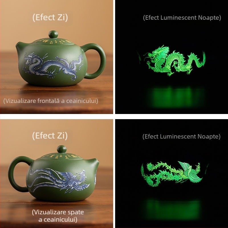 Ceainic din lut purpuriu, lucrat manual de un maestru al patrimoniului imaterial, luciu luminescent în întuneric, dragon și phoenix, stil Kowloon Xianrui Hanwa Xishi, din lut purpuriu Yixing