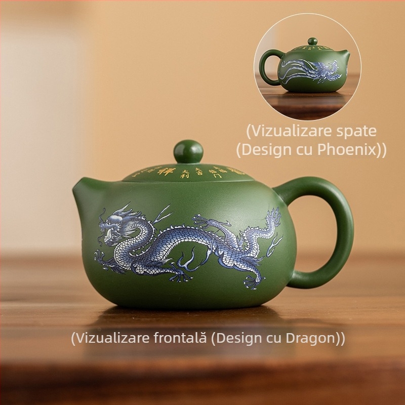 Ceainic din lut purpuriu, lucrat manual de un maestru al patrimoniului imaterial, luciu luminescent în întuneric, dragon și phoenix, stil Kowloon Xianrui Hanwa Xishi, din lut purpuriu Yixing