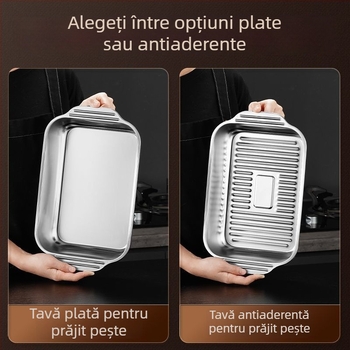 Tigaie-grill din oțel inoxidabil întărit, pentru pește și fructe de mare, tavă pătrată, compatibilă cu plitele cu inducție, uz casnic și profesional
