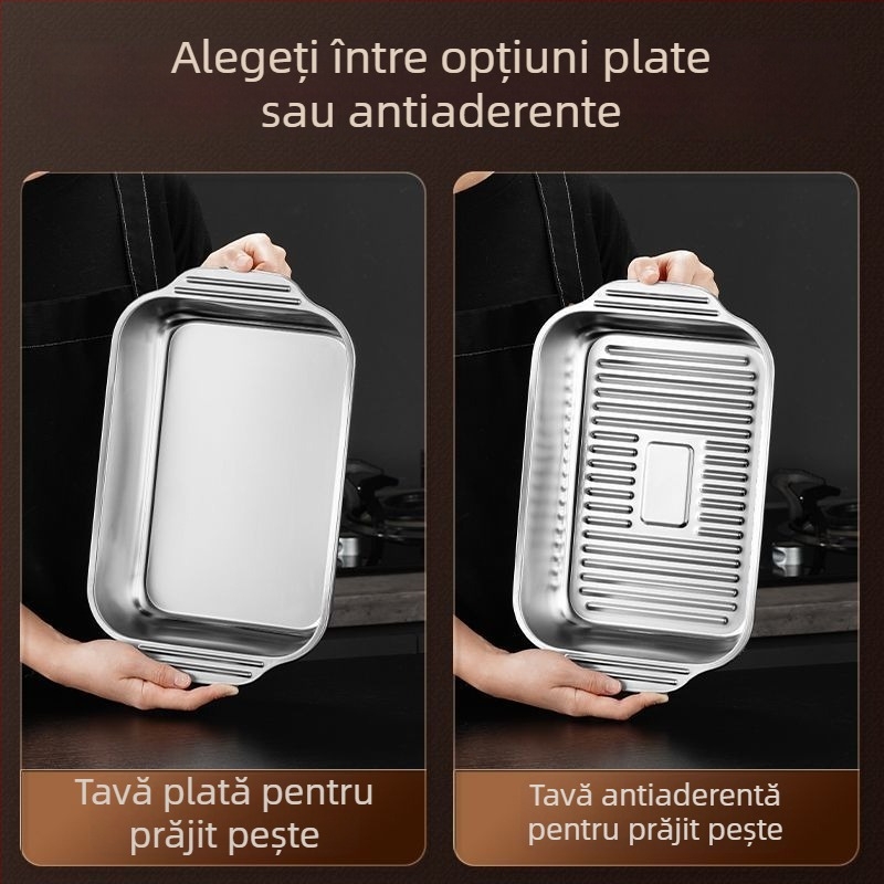 Tigaie-grill din oțel inoxidabil întărit, pentru pește și fructe de mare, tavă pătrată, compatibilă cu plitele cu inducție, uz casnic și profesional