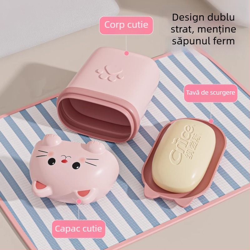 Cutie de săpun pentru călătorii, portabilă, mică, etanșă cu capac, design desen animat pentru copii