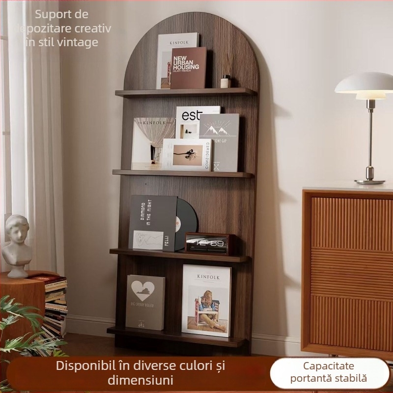 Raft din lemn, stil modern minimalist, pentru reviste și ziare, montat pe podea și pe perete, raft de depozitare cu mai multe niveluri