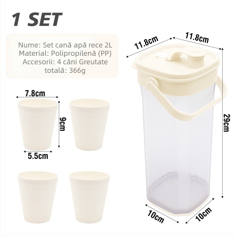 Set de cană de apă rece de 2 litri și pahar, din plastic, rezistent la temperaturi înalte, pentru fructe și ceai cu lapte