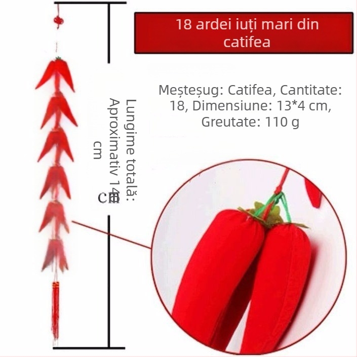Șir textil de ardei roșu cu nod chinezesc mare, pandantiv de agățat, 18 noduri