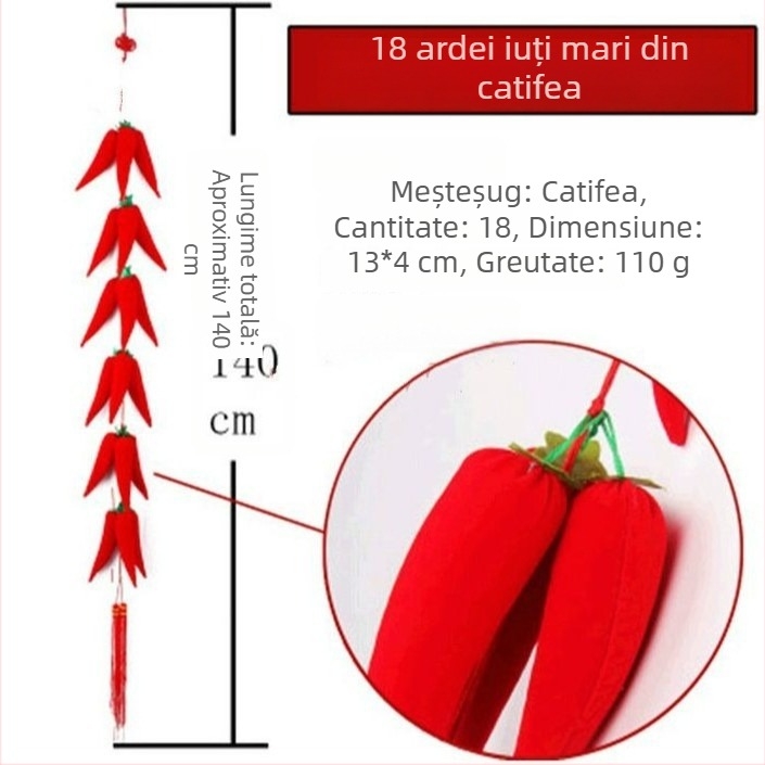 Șir textil de ardei roșu cu nod chinezesc mare, pandantiv de agățat, 18 noduri