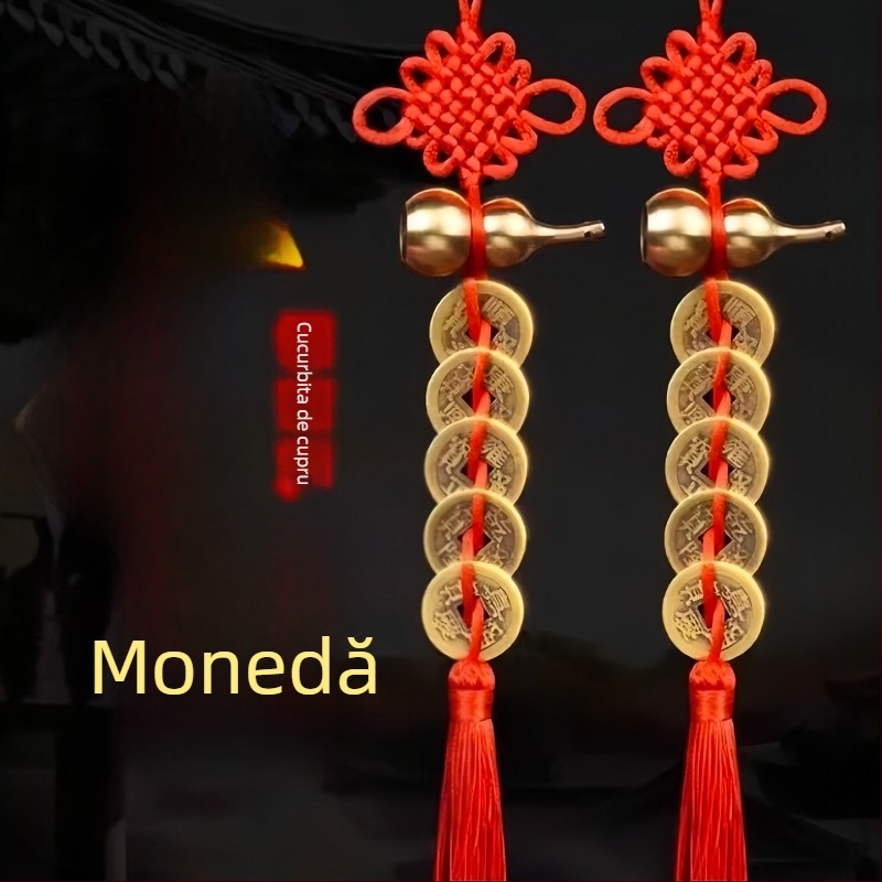 Dovleac de cupru cu monedele celor Cinci Împărați, nod chinezesc — decor de ușă suspendat