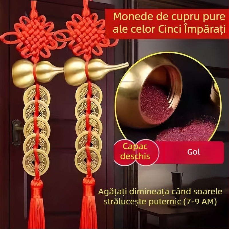 Dovleac de cupru cu monedele celor Cinci Împărați, nod chinezesc — decor de ușă suspendat