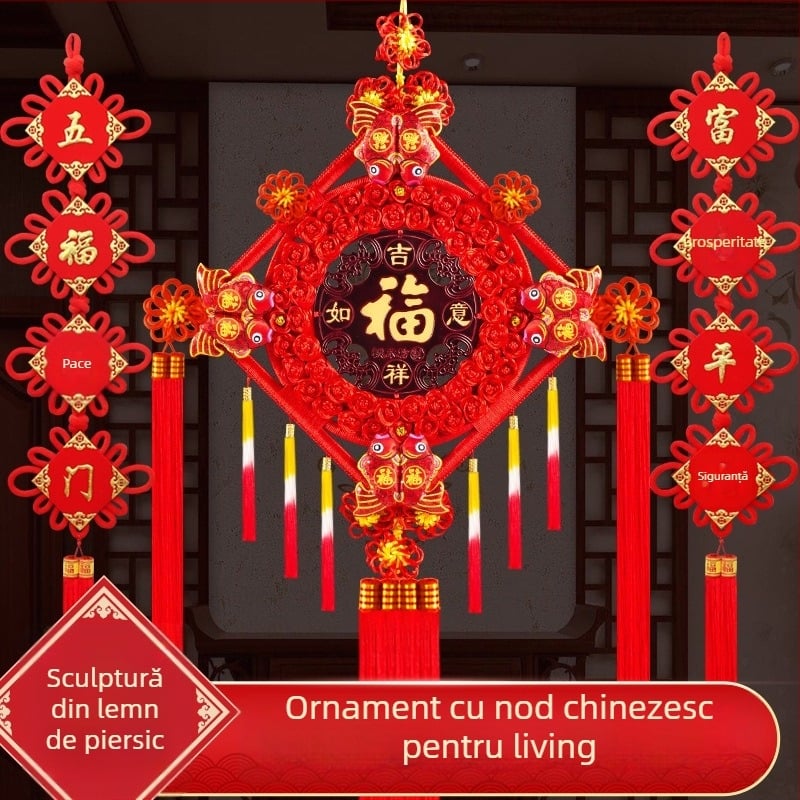 Pandantiv cu nod chinezesc din lemn de piersic pentru sufragerie — dimensiune medie până la mare, decor premium, nod din bumbac