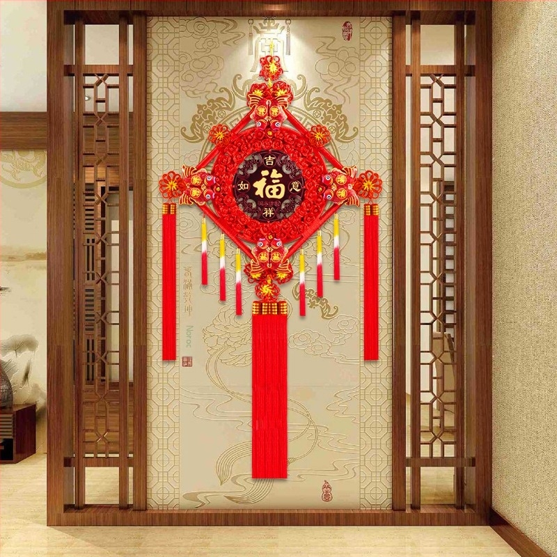 Pandantiv cu nod chinezesc din lemn de piersic pentru sufragerie — dimensiune medie până la mare, decor premium, nod din bumbac