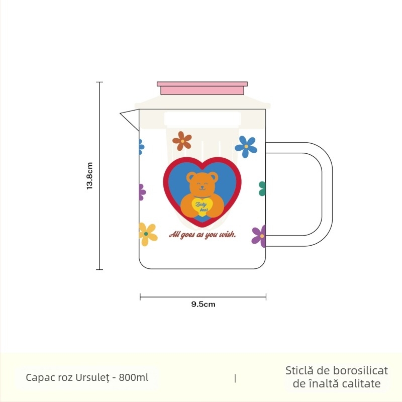 Rainbow Flower pahar de sticlă cu capac, rezistent la temperaturi înalte, capacitate mare, pentru ceai și apă rece, cu compartiment de separare și mâner.
