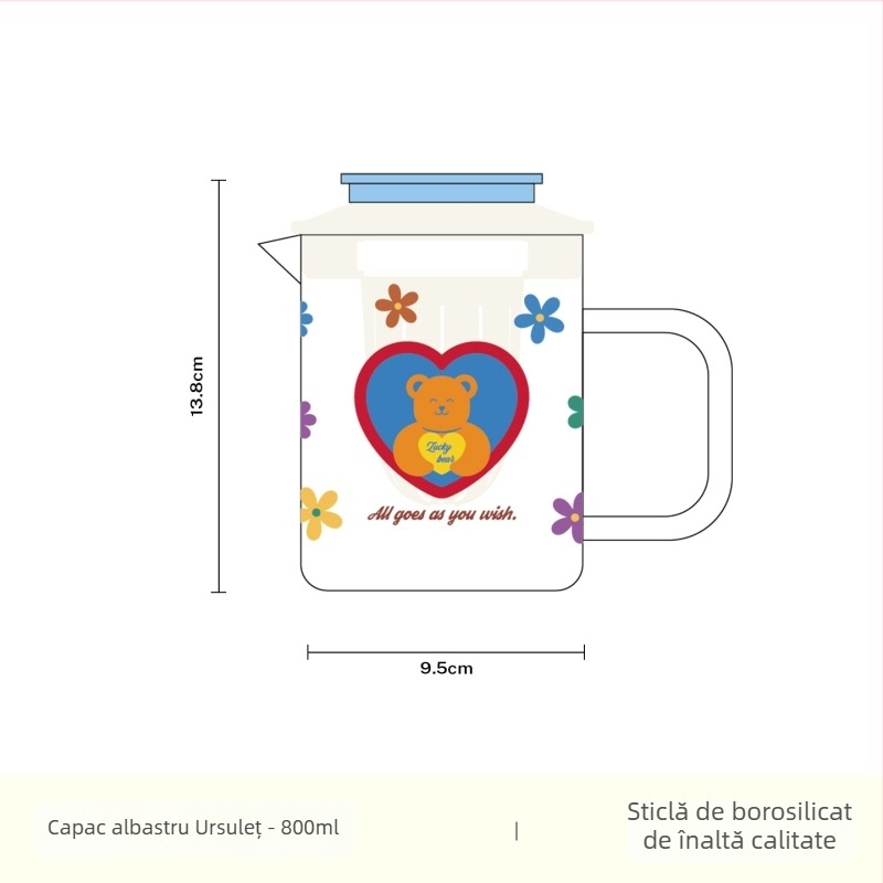 Rainbow Flower pahar de sticlă cu capac, rezistent la temperaturi înalte, capacitate mare, pentru ceai și apă rece, cu compartiment de separare și mâner.