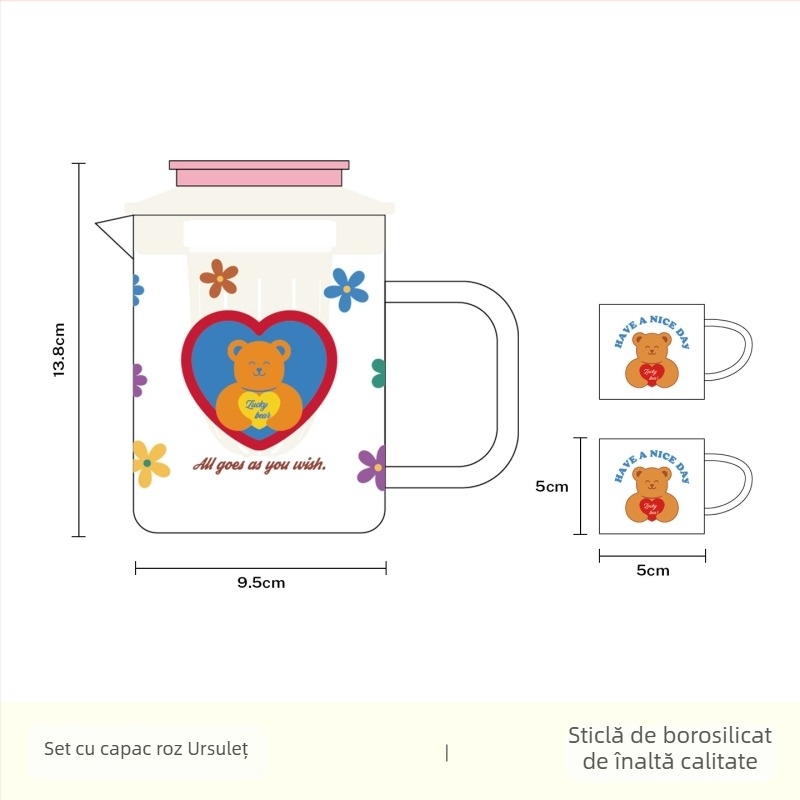 Rainbow Flower pahar de sticlă cu capac, rezistent la temperaturi înalte, capacitate mare, pentru ceai și apă rece, cu compartiment de separare și mâner.