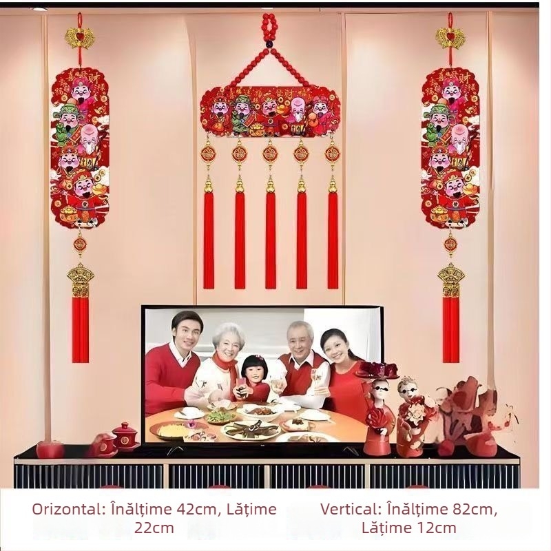 Pandantiv cu Cei Cinci Zei ai Bogăției, în stil Chinezesc, lemn de piersic, cu ciucuri și nod chinezesc