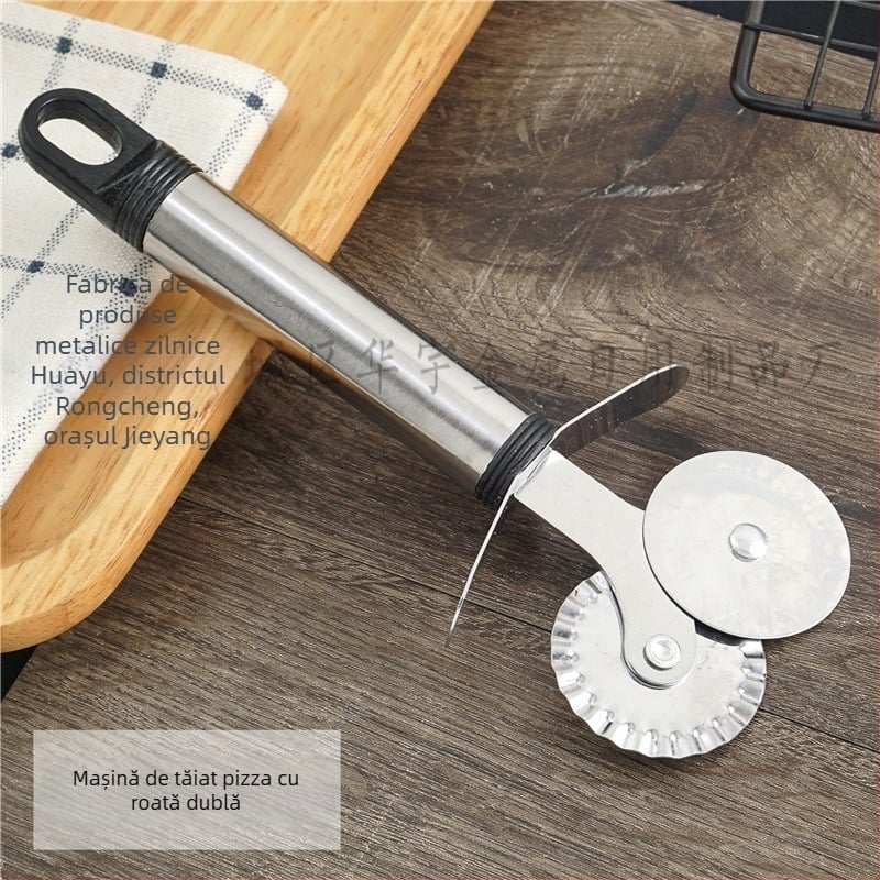 Cuțit de pizza cu mâner din aconit, cu două role, lamă din oțel inoxidabil; ustensile de bucătărie pentru coacere și spatulă pentru tort
