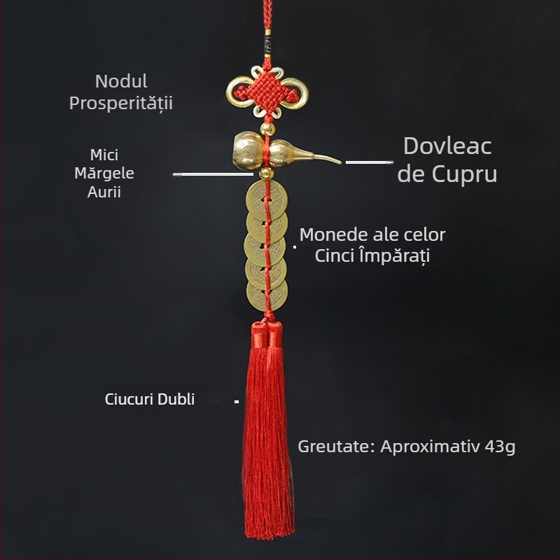 Pandant din cupru cu monedele celor Cinci Împărați, diametru 2.8 mm, ciucuri duble și nod norocos – nod chinezesc