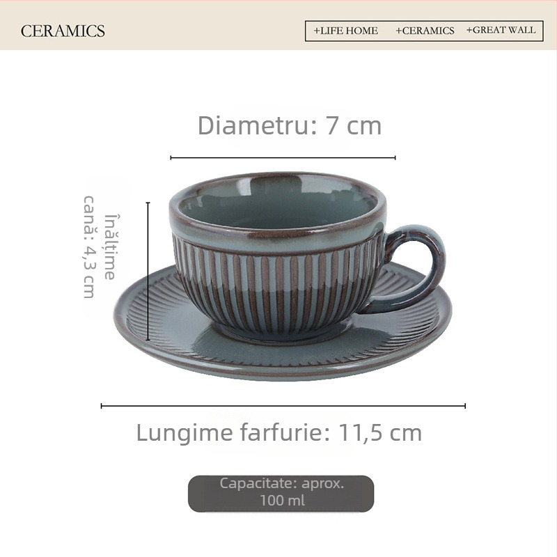 Set de cești espresso și farfuriu, capacitate mică, ceramică, stil retro – pentru restaurante, cafenele sau ceaiul de după-amiază