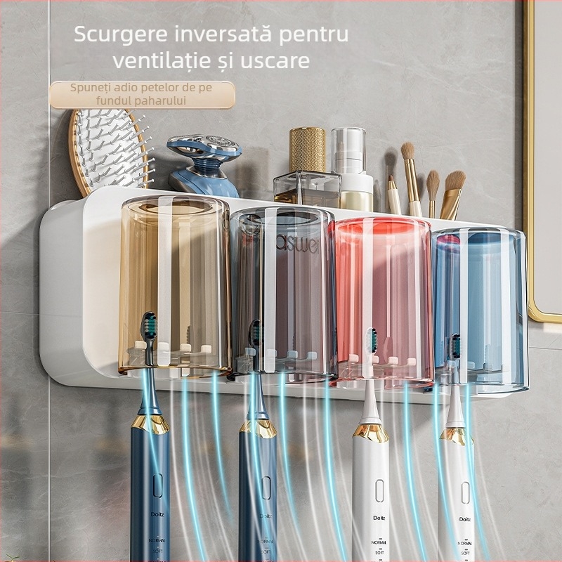 Suport de periuțe montat pe perete cu dozator de pastă și pahar de clătire, montaj fără găuri