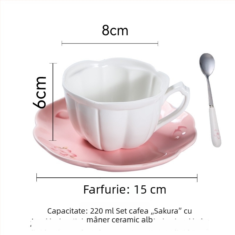 Set cafea și ceai în stil european, ceașcă de cafea și farfurie roz, ceramică cu model floral