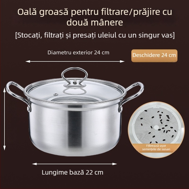 Friteuză din oțel inoxidabil 201, corp îngroșat, recipient de depozitare a uleiului pentru bucătărie, cu două mânere, vas de filtrare a uleiului multifuncțional