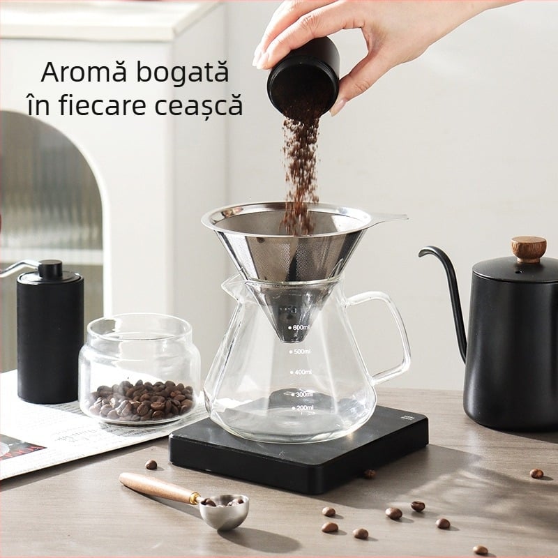 Filtru de cafea din oțel inoxidabil pentru preparare manuală – filtru cu plasă ultra-fină, set fără filtru de hârtie