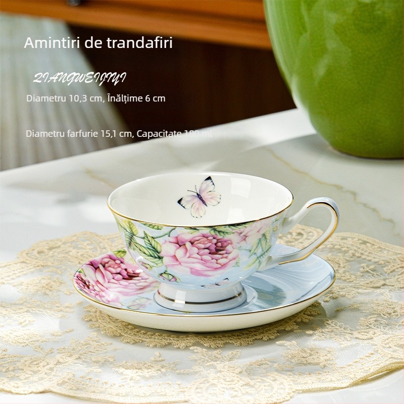 Set de cești de cafea din porțelan de os cu margine auriu, stil european, farfurioare, căni înalte pentru ceaiul de după-amiază, model floral