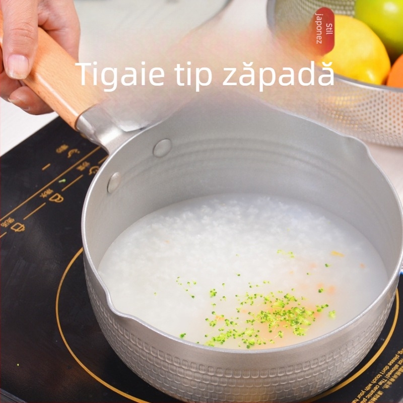 Oală Yukihira în stil japonez, cu bază groasă, mâner din lemn, antiaderentă pentru lapte și supă, din aliaj de aluminiu, compatibilă cu plitele cu inducție, uz casnic