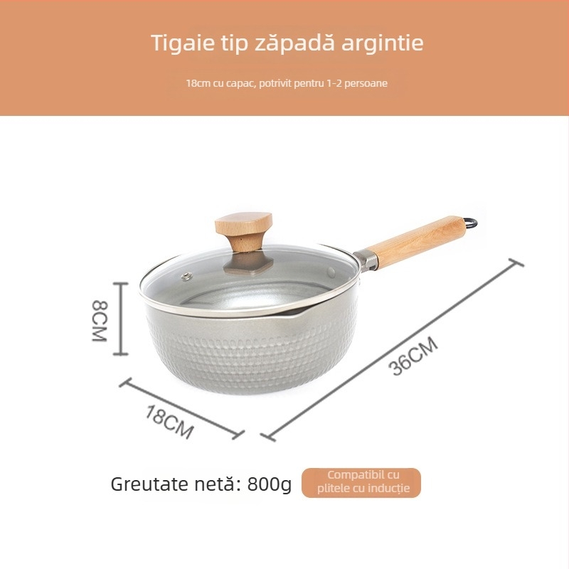 Oală Yukihira în stil japonez, cu bază groasă, mâner din lemn, antiaderentă pentru lapte și supă, din aliaj de aluminiu, compatibilă cu plitele cu inducție, uz casnic