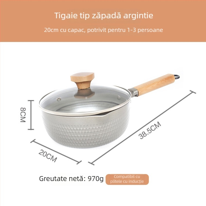 Oală Yukihira în stil japonez, cu bază groasă, mâner din lemn, antiaderentă pentru lapte și supă, din aliaj de aluminiu, compatibilă cu plitele cu inducție, uz casnic