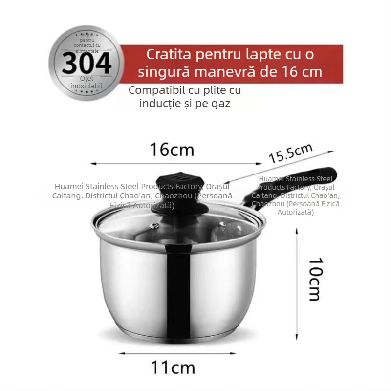 Oală de lapte din oțel inoxidabil 304, cu mâner unic, pentru hrana bebeluților, oală mică de supă pentru uz casnic, capac din sticlă