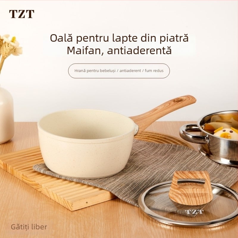 Oală de lapte din piatră Maifan, antiaderentă, mică oală pentru hrana bebelușilor, pentru fiert lapte și tăiței, mini oală de supă pentru o porție