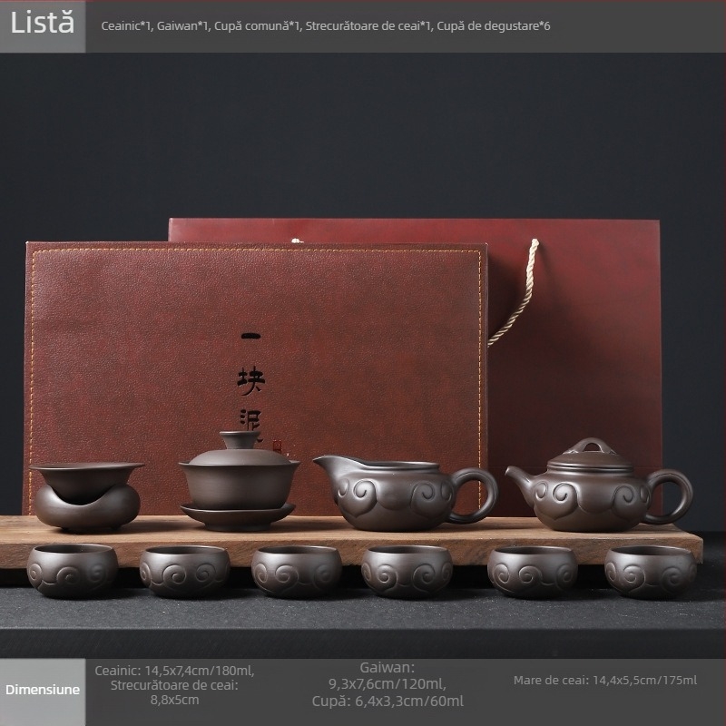 Set complet de ceai Kung Fu din ceramică mov cu nisip, pentru uz casnic și birou, include ceainic, cești și gaiwan, personalizare logo