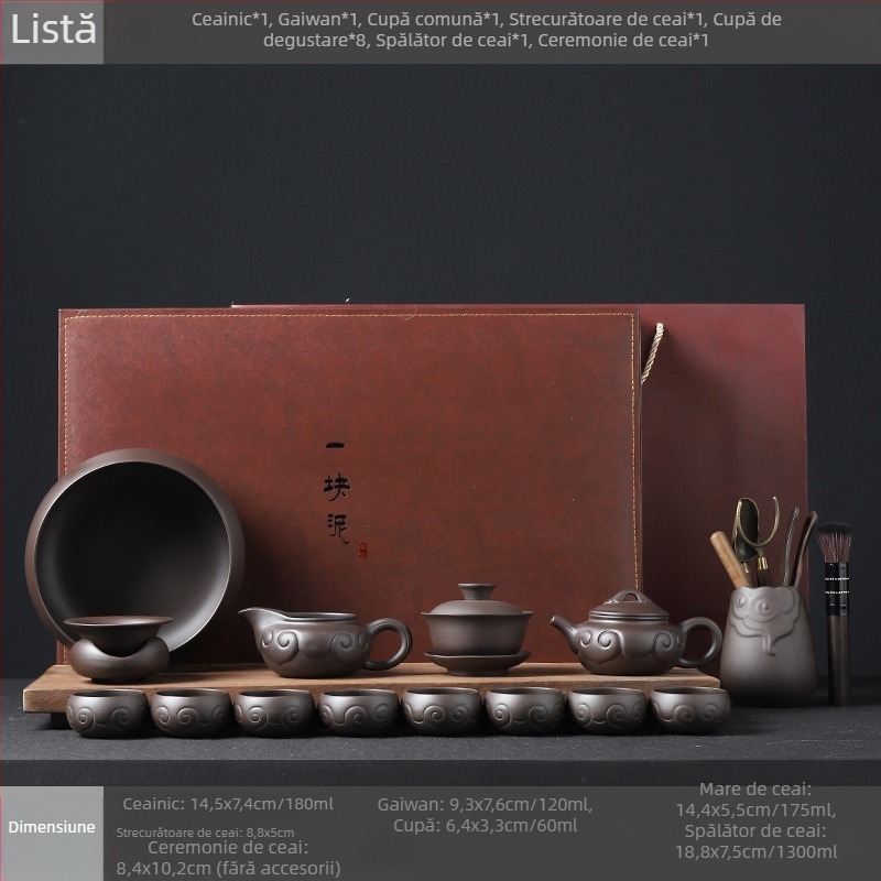 Set complet de ceai Kung Fu din ceramică mov cu nisip, pentru uz casnic și birou, include ceainic, cești și gaiwan, personalizare logo