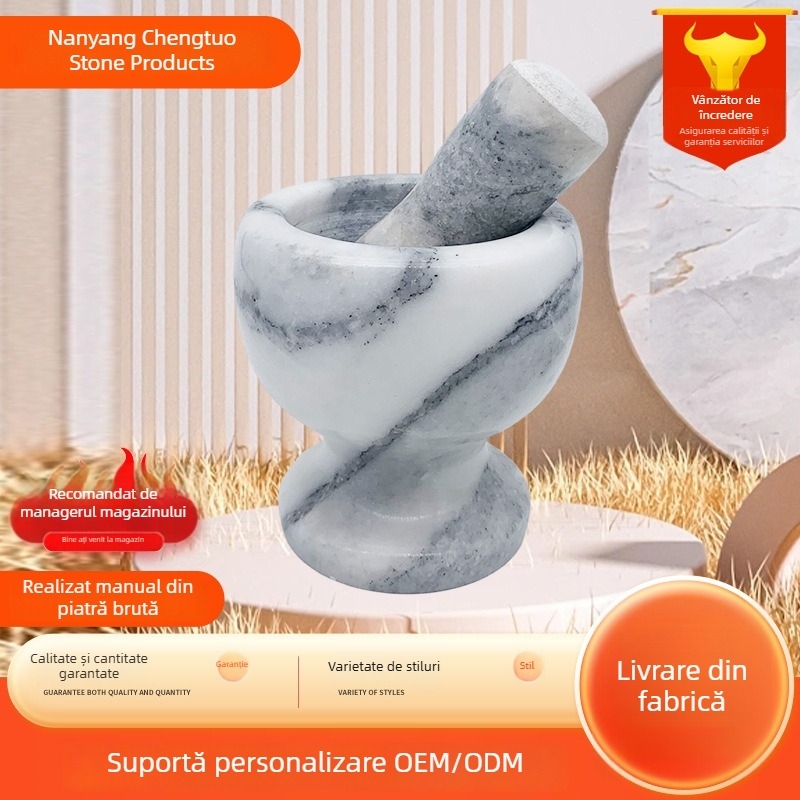 Set din marmură pentru usturoi: mojar, zdrobitor manual, presă de usturoi și curățător de usturoi
