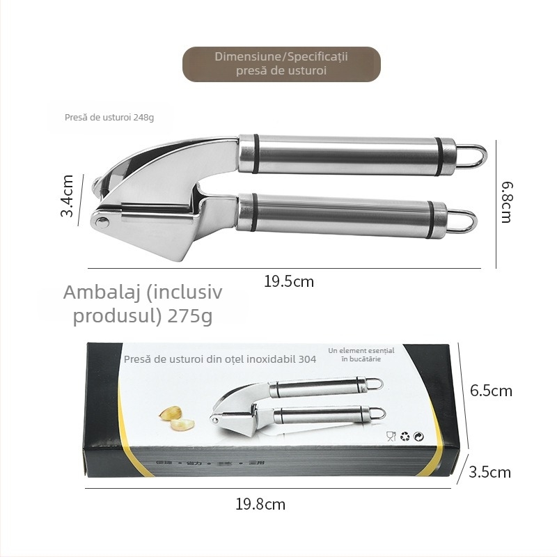 Presă de usturoi din oțel inoxidabil 304, presă manuală pentru zdrobirea usturoiului, gadget de bucătărie creativ