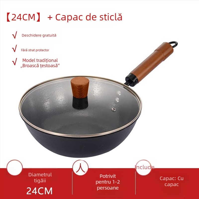 Oală mică din fontă pentru o singură porție, fără strat de acoperire, fund plat